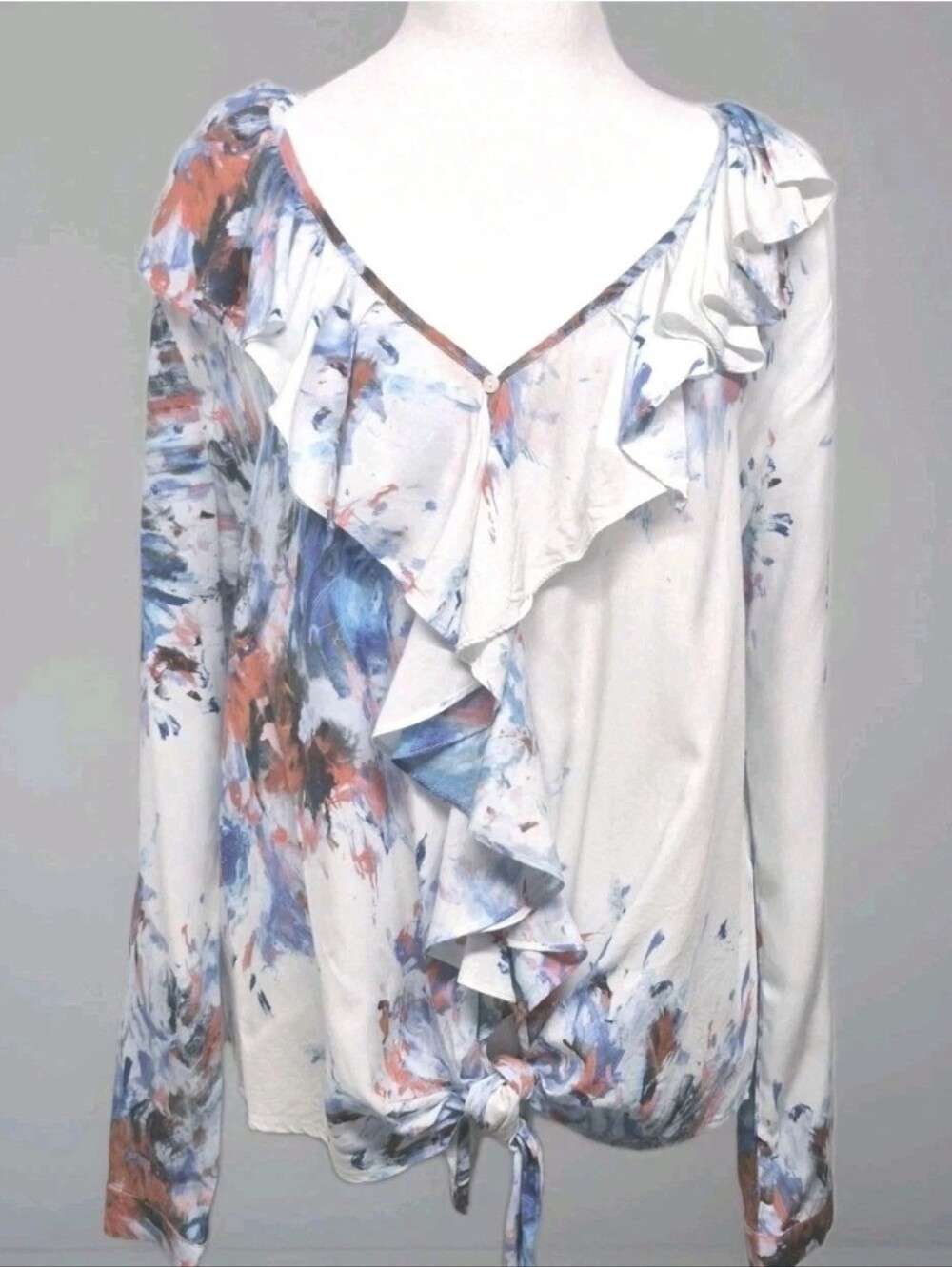 KAREN KANE  Women’s Abstract Watercolor Tie Front Blouse Ruffle V-Neck Size L